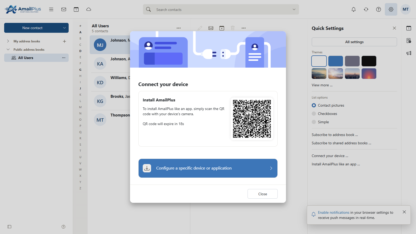 Real AmailPlus device connection screen; account QR code obscured for this demonstration