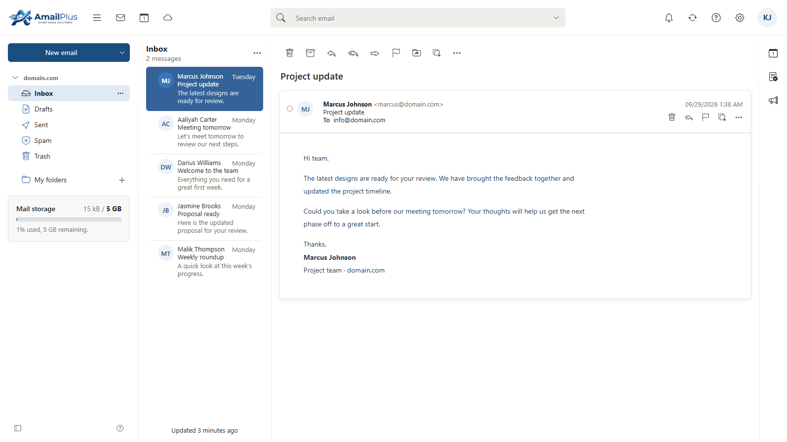 AmailPlus inbox with fictional project messages